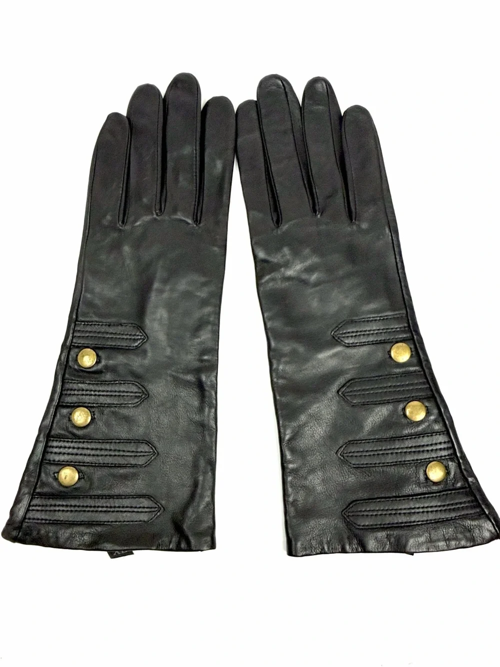 Mercer & Madison Black Leather Gloves Silk Lined XL 12” Long Brass Stud Accent